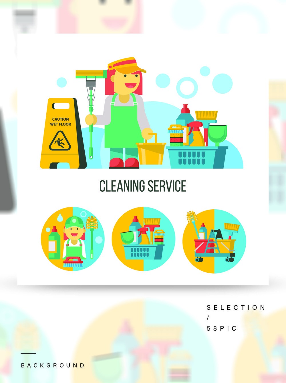 清潔服務(wù)平面矢量圖套標(biāo)志徽標(biāo)專業(yè)清潔場(chǎng)所套在白色背景隔絕的傳染媒介cliparts有拖把的清潔女工清潔產(chǎn)品濕地板標(biāo)志